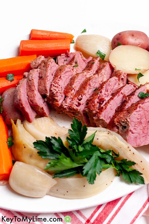 A close up of sliced corned beef.